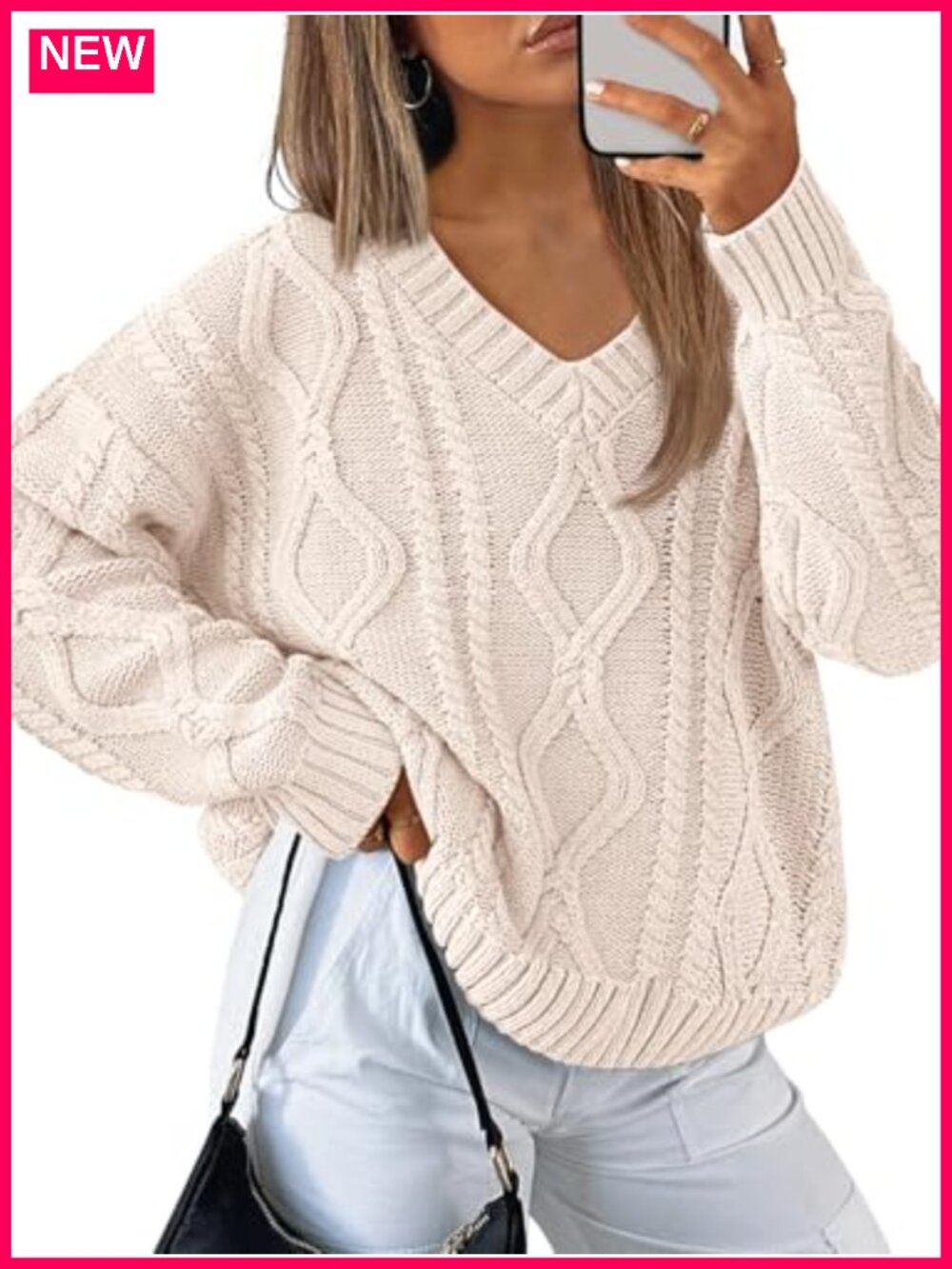 V Neck Cable Knit Sweater Oversized Cotton Acrylic Cozy Fall Pullover